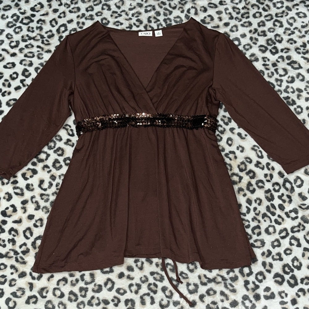 Cato Brown Sequin Trim V-Neck Blouse